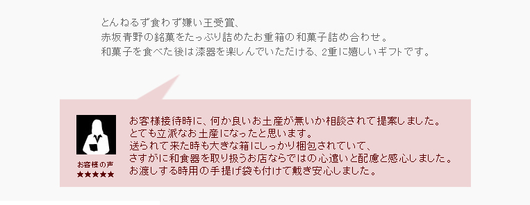 とんねるず食わず嫌い王受賞、赤坂青野の銘菓をたっぷり詰めたお重箱の和菓子詰め合わせ。綿菓子を食べた後は漆器を楽しんでいただける、二重に嬉しいギフトです。　●お客様の声●お客様接待時に、何か良いお土産が無いか相談されて提案しました。とても立派なお土産になったと思います。送られてきたときも大きな箱にしっかり梱包されていて、さすがに和食気を取り扱うお店ならではの心遣いと配慮と感心しました。お渡しする時用の手提げ袋もつけていただき安心しました。