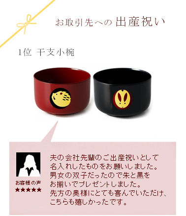 お取引先への出産祝い【1位】干支小椀　●お客様の声●夫の会社先輩のご出産祝いとして名入れしたものをお願いしました。男女の双子だったので朱と黒をお揃いでプレゼントしました。先方の奥様にとてもよろこんでいただけ、こちらも嬉しかったです。