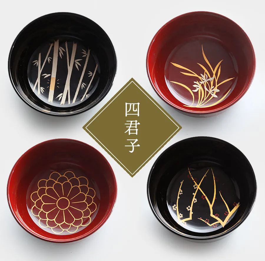 【四君子】時代漆器 盆 ２０枚 5枚1組4セット 木箱付き 布目盆 【美品】 おめでたい四君子（蘭・竹・菊・梅）を描いたお猪口｜宮内庁御用達