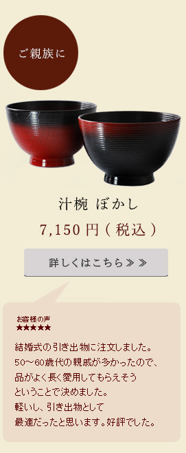 結婚式の引き出物に注文しました。50～60歳代の親せきが多かったので、品が良く長く愛用してもらえそうということで決めました。軽いし、引き出物として最適だったと思います。好評でした。