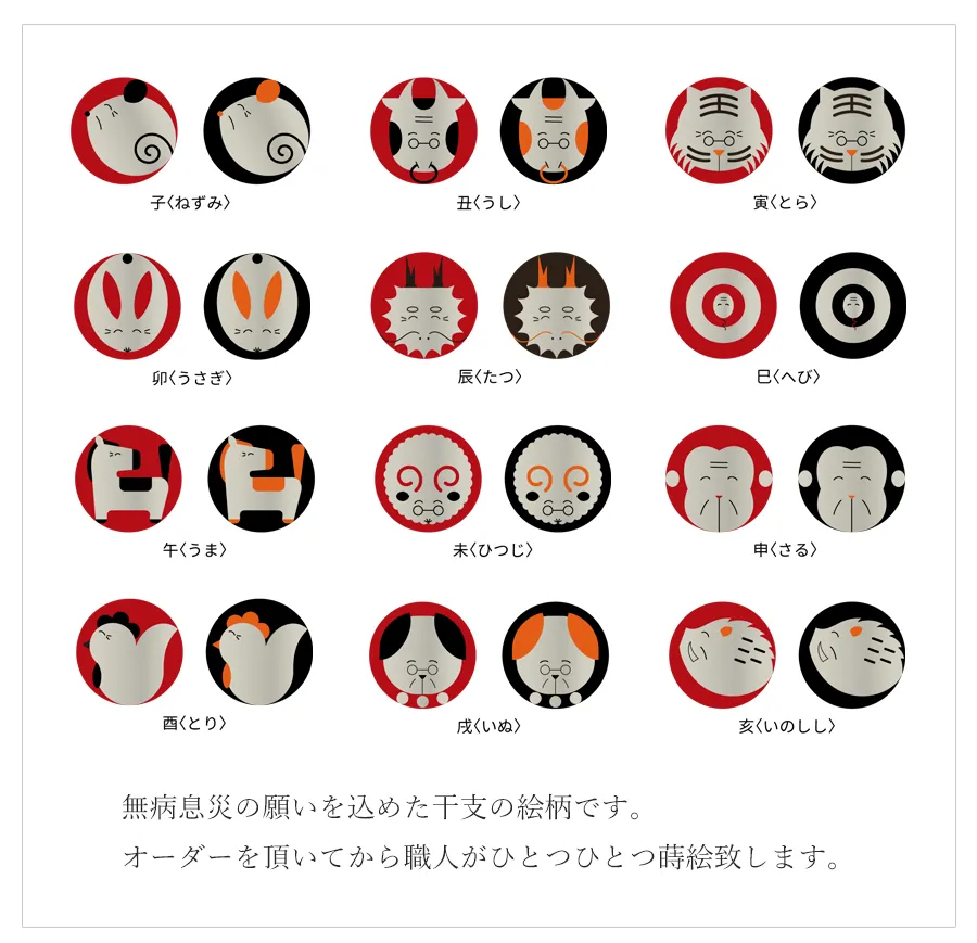 無病息災の願いを込めた干支の絵柄です。オーダーを頂いてから職人がひとつひとつ蒔絵致します。
